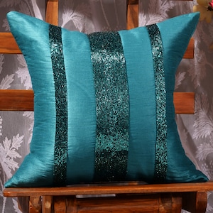 Embroidered pillow covers, decorative pillow sham for couch, Teal beaded cushions handmade cushion cover home decor pillow with artisan work