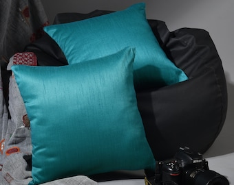Teal Faux Silk Pillow Cover Set: Solid Decorative Throw Pillows, 18x18 20x20