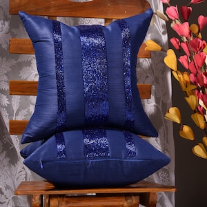 Hand embroidered pillow cover, beaded throw pillow blue, embroidered cushion cover, decorative pillow sham, home decor pillow, gift for her
