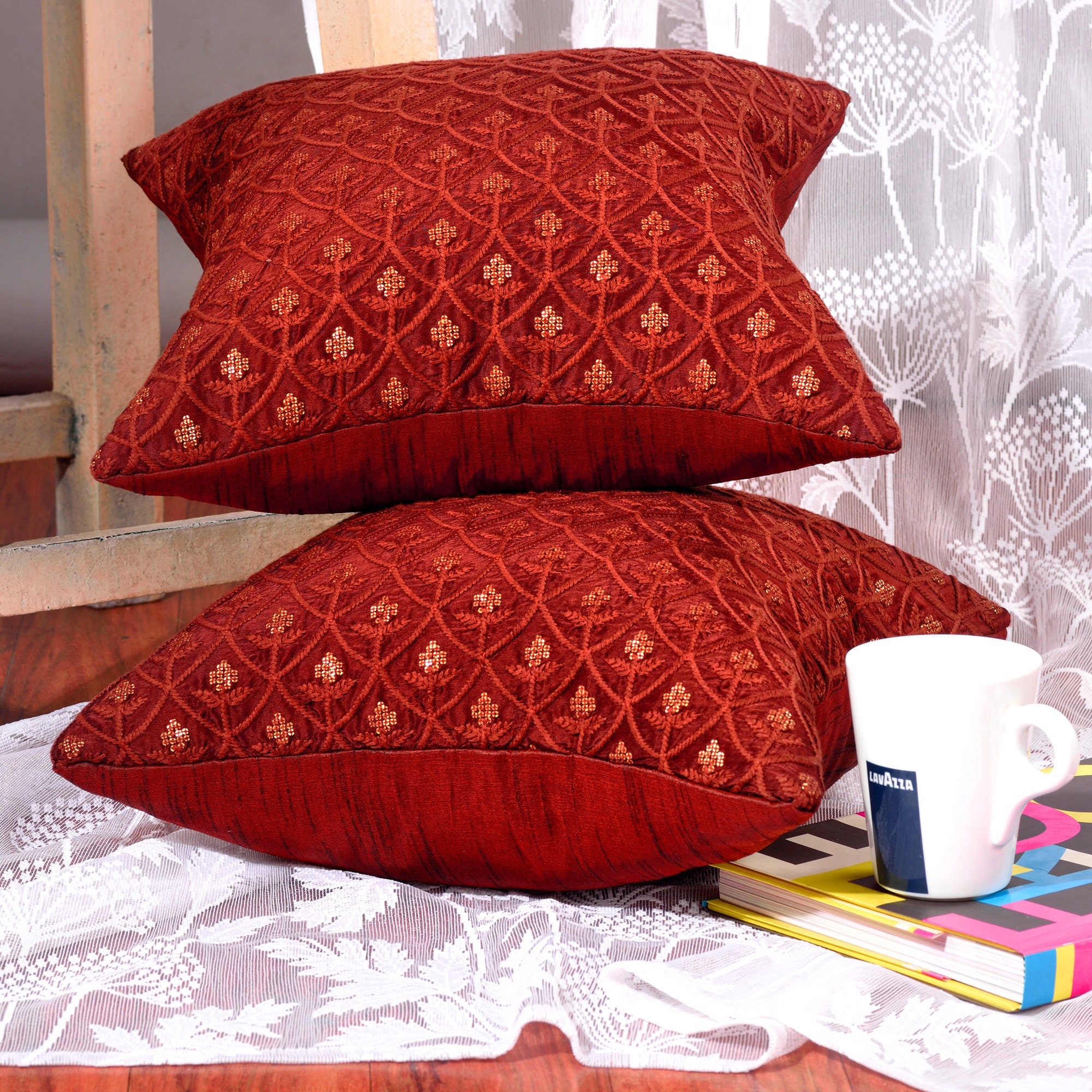 Red Decorative Pillow Covers, Red Embroidered Cushion Covers