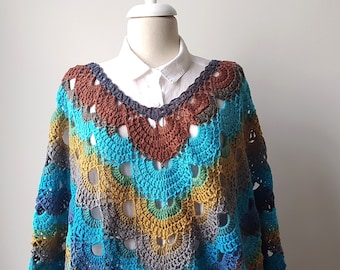 Handmade Crochet Poncho: Boho Multicolor Acrylic Festival Shawl