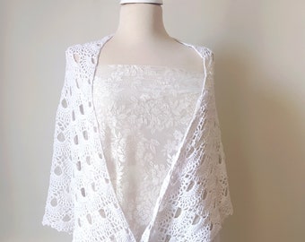 Crochet White Shawl, Bridal Shawl , Bridal Cover Up, Triangle Mantilla For Evening Dress, Best Gift For Bride