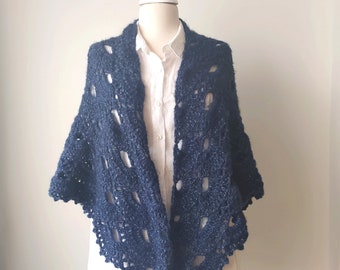 Handmade Navy Blue Crochet Shawl, Cozy Wrap For Women, Elegant Winter Scarf, Unique Gift For Her, Lightweight Evening Accessory