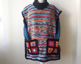 Hand-knitted crochet poncho, Ethnic Pattern, Turtleneck Long Sweater