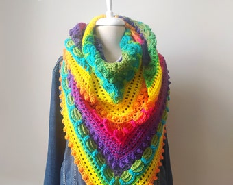 Handmade Crochet Shawl, Rainbow Triangle Wrap, Colorful Boho Shawl, Festival Fringe Scarf, Cozy Winter Wrap, Vibrant Granny Shawl Gift