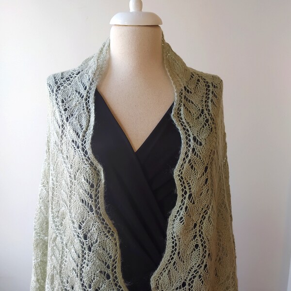 Hand-knit Lace Shawl, Sage Color Wrap, Bridal Stole