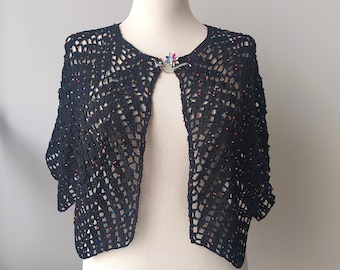 Crochet Black Bolero, Colorful Beaded Shawl, Handknit Cover Up,  Lace Shrug with brooch