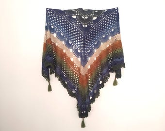 Handmade Crochet Triangle Shawl With Tassels, Boho Multicolor Wrap, Cozy Lightweight Scarf, Gift For Her, Festival Or Autumn Accessory