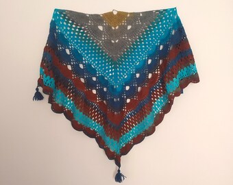 Handmade Crochet Triangle Shawl: Boho Tassel Fringe Scarf