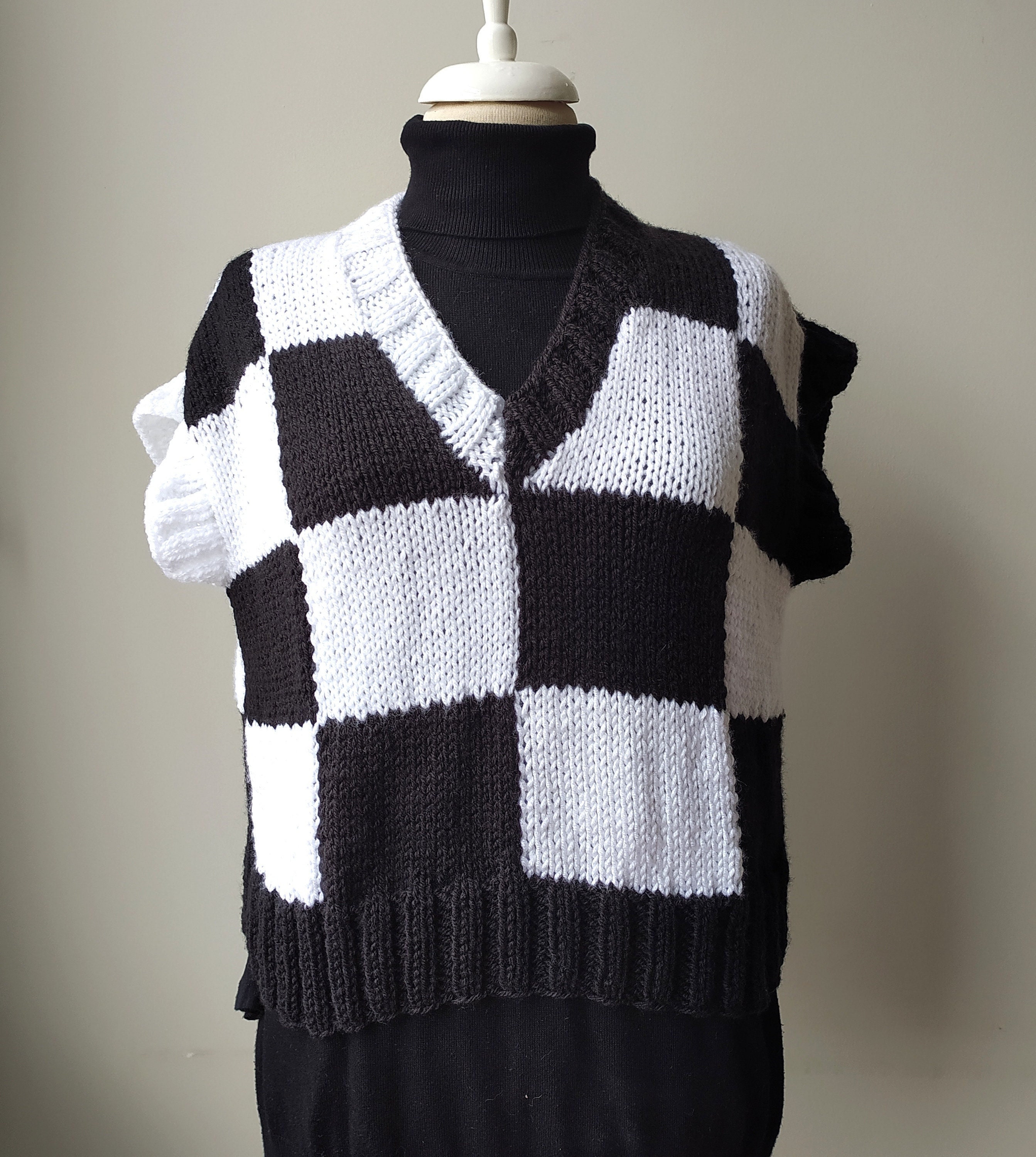 Handknit Checkered Sweater, Black and White Blocked Vest, Gothic Style, Chunky Knit Jumper, - Etsy Handknit Checkered Sweater, Black and White Blocked Vest, Gothic Style, Chunky Knit Jumper, - Etsy