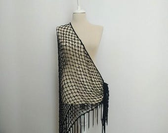 Handmade Black Sequin Fringe Shawl Large Mesh Wrap Lightweight Evening Cover Up