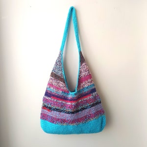 Handmade Crochet Hobo Bag: Colorful Boho Shoulder Tote with Blue Accents