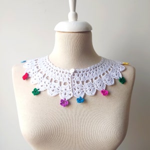 Handmade Crochet Lace Collar, Vintage Style White Detachable Collar, Peter Pan Collar With Colorful Flowers, Cottagecore Accessories,