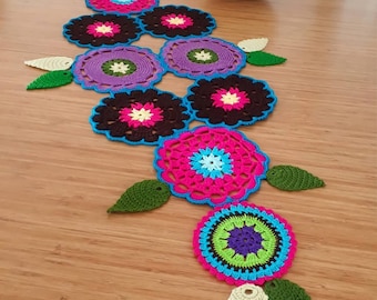 Handmade Crochet Granny Square Table Runner: Boho Dining Decor