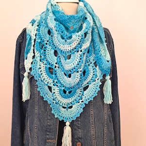 Handmade Blue Crochet Scarf with Tassels, Lightweight Triangle Shawl, Unique Boho Gift for Her, Cozy Winter Wrap, Festival Accessories