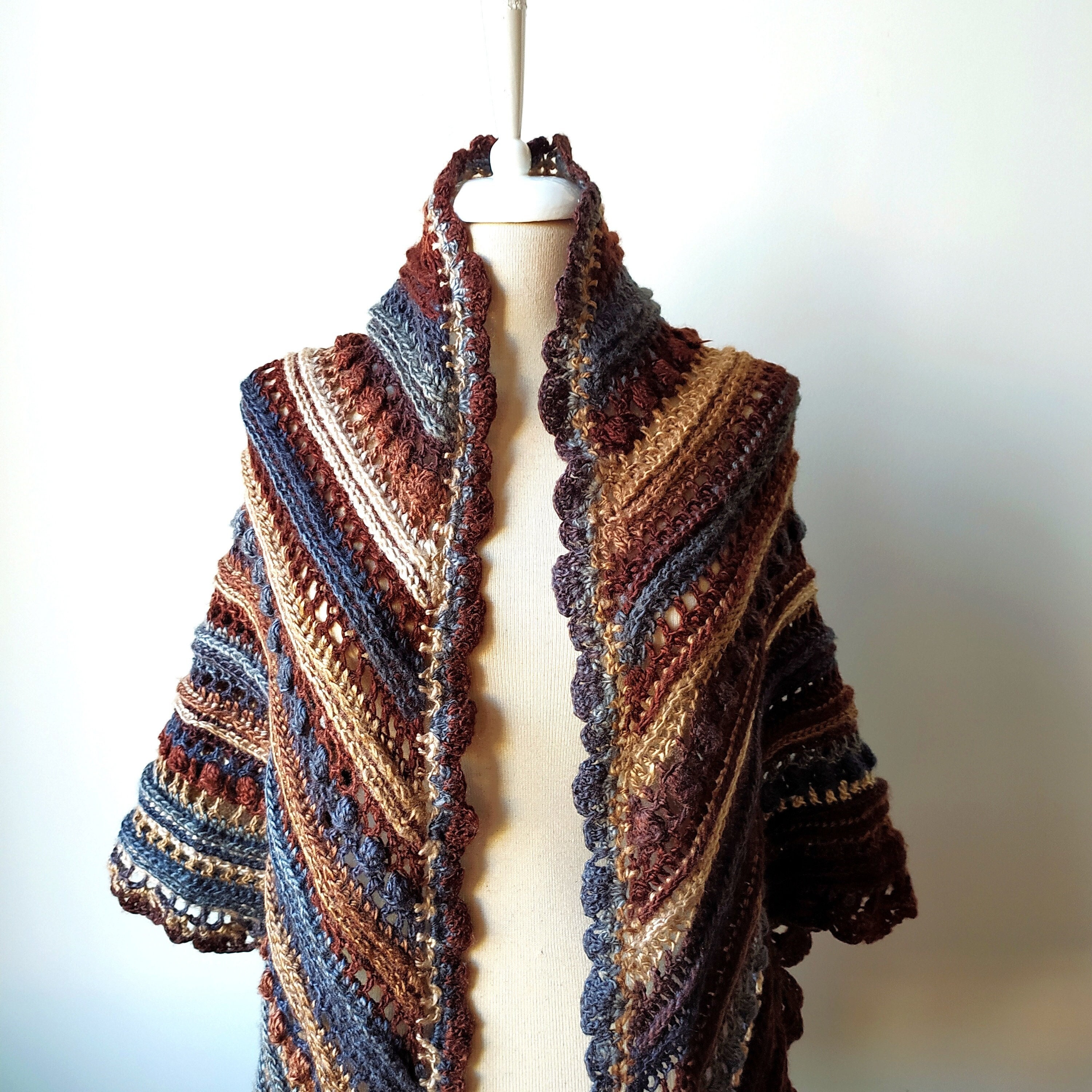 Handmade Crochet Shawl Wrap in Earthy Tones – Boho Warm Winter Scarf for Women, Cozy Gift for Her, Rustic Crochet Cape, Handmade Accessories