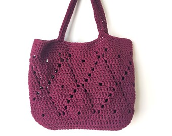 Handmade Burgundy Crochet Tote Bag: Eco-Friendly Cotton Purse