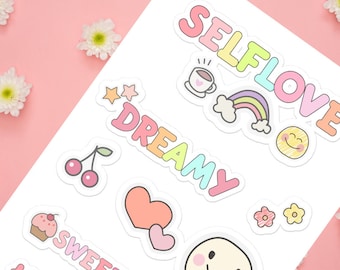 pastel rainbow sticker set, self love stickers, SELF CARE sticker sheet, cute healing stickers, mental health stickers, self care stickers