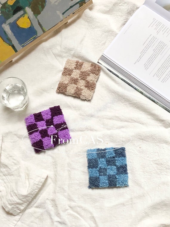 Set of 4 Handtufting Coasters Diykit for Beginners/ Checked Etsy