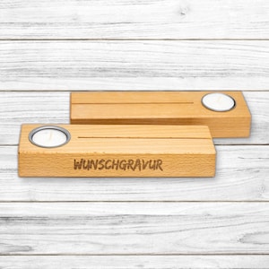 Kartenhalter aus Buchenholz mit Einfassung für ein Teelicht • individuelle Gravur • Teelichthalter • Fotohalter