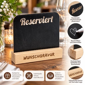 Holz Tischaufsteller aus Buche mit Kreidetafel • Reserviert • Gastronomie • Restaurant • Tischreservierung • mit individueller Lasergravur