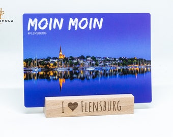 Postcard Flensburg Ostufer night view with card holder made of beech wood on request