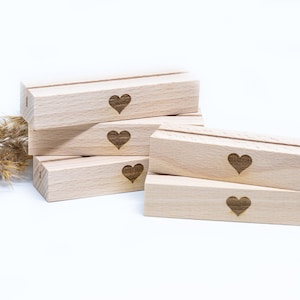 5er Pack - Foto- und Kartenhalter aus Holz, Holzkartenhalter, Kartenaufsteller, Buchenholz "Herz"