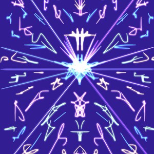 May include: Abstract digital art with a symmetrical design. The artwork features a bright white starburst in the center with radiating lines of light in shades of blue, pink, and white. The background is a deep blue.
