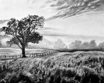 Landscape Charcoal Drawing Print ~ 13x19in(329x483mm) Wall ArtWall Art