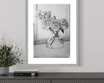 Flower and Vase Pencil Drawing Print ~ 13x19in Wall Art