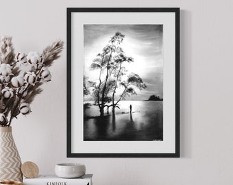 Calm Aesthetic Charcoal Drawing Print ~ 13x19in Wall Art