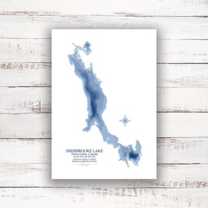 Sherbrooke Lake Nouvelle-Écosse | 12"x18 » à 28"x40 » | Carte bathymétrique Imprimer | Affiche Imprimer | Carte personnalisée des lacs