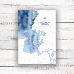 Carte bathymétrique de Sault Ste Marie Imprimer | | du lac Supérieur Grands Lacs | 12"x18 » à 28"x40 » | Affiche Imprimer | Carte personnalisée des lacs