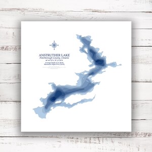Anstruther Lac Ontario | Carte du lac | Carte bathymétrique | Carte personnalisée du lac | Impression poster 2D | Art de la carte du lac | Idée cadeau chalet chalet