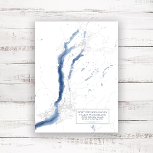 Lac Okanagan | Carte bathymétrique | Kelowna | Vernon | Pays des lacs | Poster imprimé | Carte personnalisée du lac |  Art mural | Art de la carte du lac | Cadeau chalet