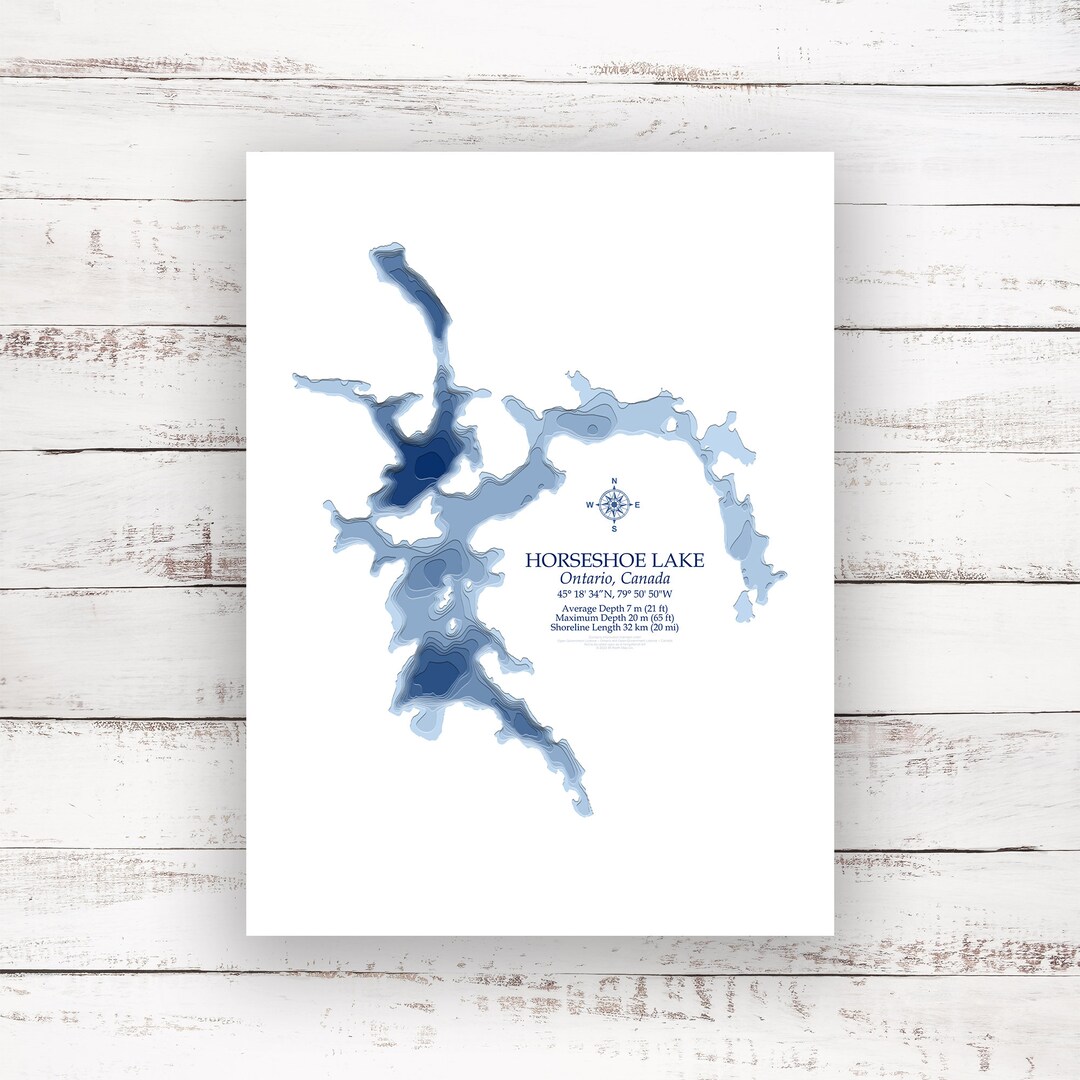 Horseshoe Lake Ontario Bathymetric Map Depth Print 12x16 to 30x40 Lake