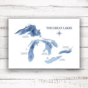 Carte bathymétrique des Grands Lacs | 12"x18" à 28"x40" | Idée cadeau lac| Affiche imprimée | Carte personnalisée du lac | Cadeau chalet