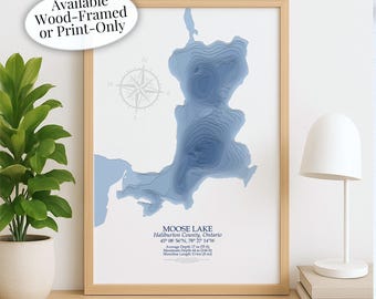 Moose Lake Map | Haliburton County | Custom Lake Map | Bathymetric Print | Lake Depth Map | Cabin Gift | Cottage Wall Art