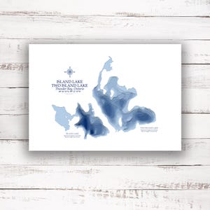 Island Lake + Two Island Lake Thunder Bay | Carte bathymétrique | Poster imprimé | Carte personnalisée du lac | Art mural de Thunder Bay | Illustrations de carte de lac