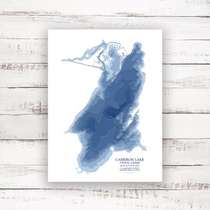 Lac Cameron Ontario | Carte du lac | Carte bathymétrique | Carte personnalisée du lac | Impression poster 2D | Art de la carte du lac | Idée cadeau chalet chalet