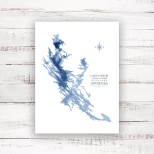 Lac Joseph Muskoka | Carte bathymétrique | Imprimer l’affiche | Carte personnalisée du lac | Art mural de Muskoka | Art de la carte du lac | Idée de cadeaux de chalet | Lac Joe