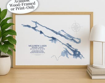 Muldrew Lakes Map | Muskoka Gravenhurst | Custom Lake Map | Bathymetric Print | Lake Depth Map | Cabin Gift | Cottage Wall Art
