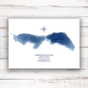 Petit lac des Esclaves Alberta | Impression de carte bathymétrique | 12"x16" à 30"x40" | Idée cadeau lac | Impression d'affiche | Carte personnalisée du lac | Cadeau de chalet