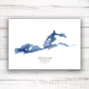 Lac North Tea | Parc Algonquin | Carte bathymétrique Profondeur du lac Imprimer | 12"x18 » à 28"x40 » | Idée cadeau du lac| Affiche Imprimer | Carte personnalisée des lacs