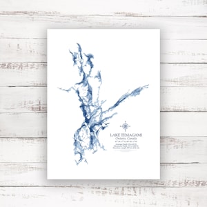 Lac Temagami, Ontario | Carte bathymétrique Imprimer | 12"x16 » à 30"x40 » | Idée cadeau lac | Affiche Imprimer | Carte personnalisée des lacs | Cadeau de chalet