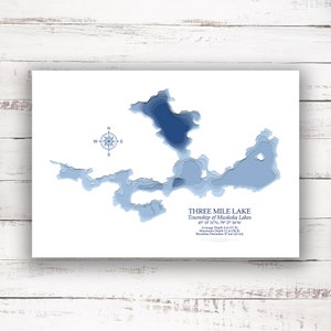 Three Mile Lake Muskoka Ontario | Carte bathymétrique Imprimer | 12"x18 » à 28"x40 » | Idée cadeau du lac| Affiche Imprimer | Carte personnalisée des lacs | Cadeau de chalet