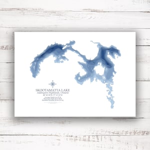 Lac de Skootamatta | Hautes terres d'Addington Ontario | Impression de carte bathymétrique | 12"x18" à 28"x40"| Idée cadeau lac| Affiche imprimée | Carte personnalisée du lac