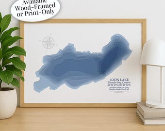 Loon Lake  Map | Thunder Bay   | Custom Lake Map | Bathymetric Print | Lake Depth Map | Cabin Gift | Cottage Wall Art