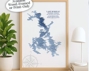 Lake Rosseau  Map | Muskoka  | Custom Lake Map | Bathymetric Print | Lake Depth Map | Cabin Gift | Cottage Wall Art