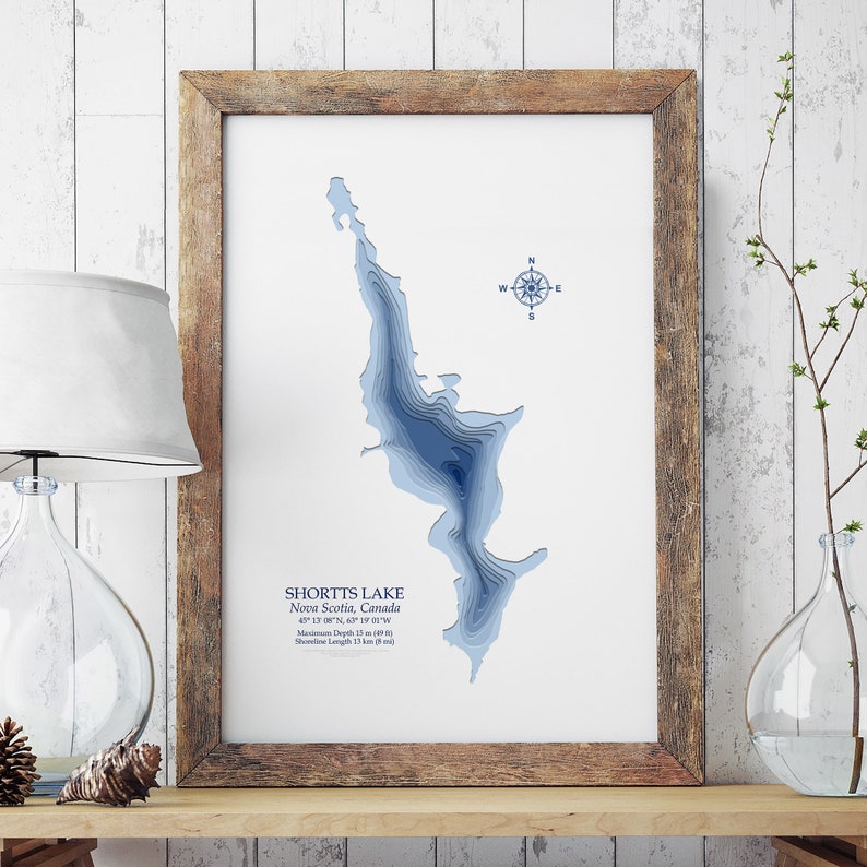 Shortts Lake Nova Scotia Bathymetric Map Lake Depth Print Etsy Australia